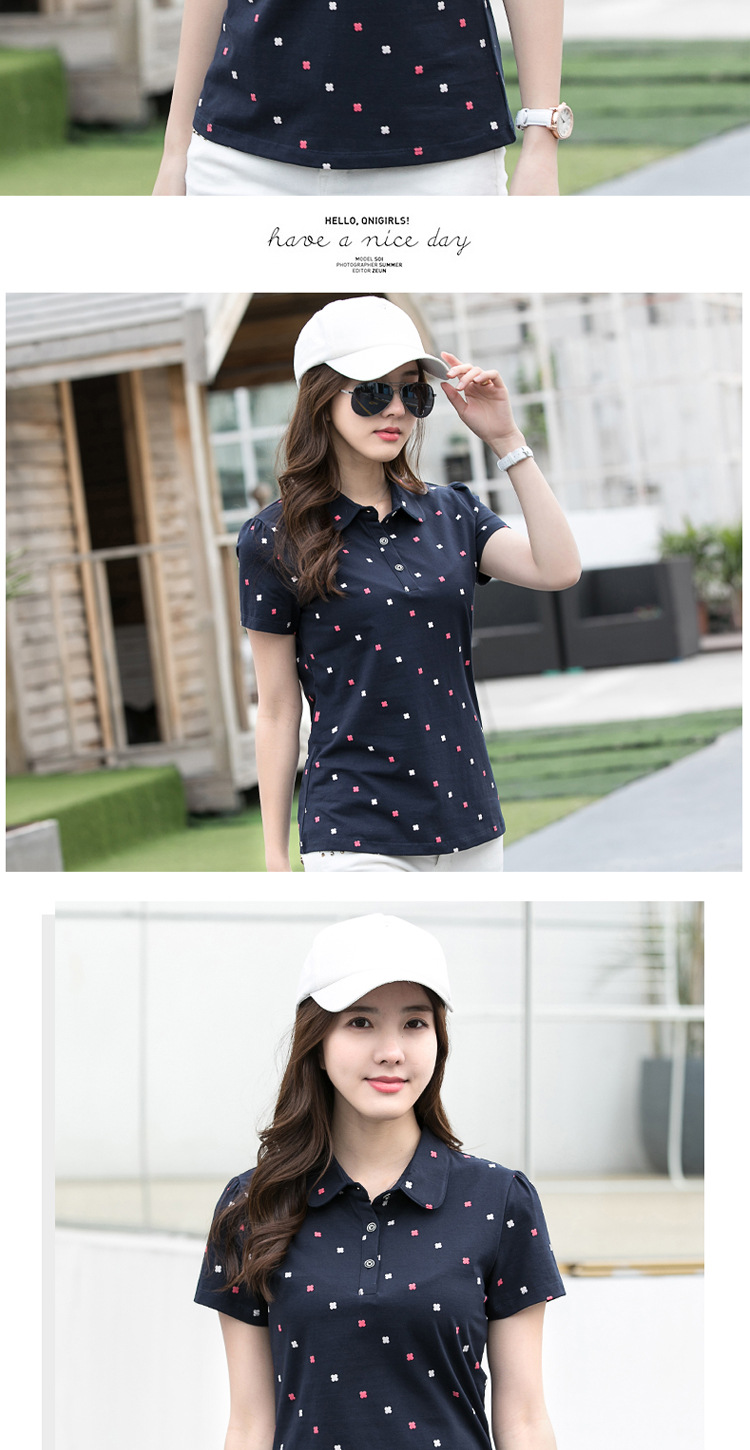 2024年の新しい半袖Tシャツ女性用春夏向け、襟付きプリント柄ポロシャツカジュアルな襟付きレディーストップス2010